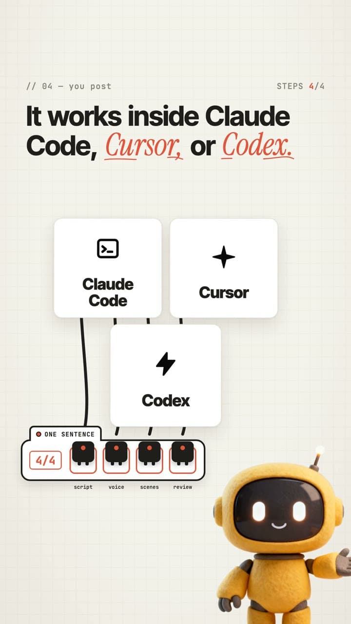 Frame from the demo reel: it works inside Claude Code, Cursor or Codex