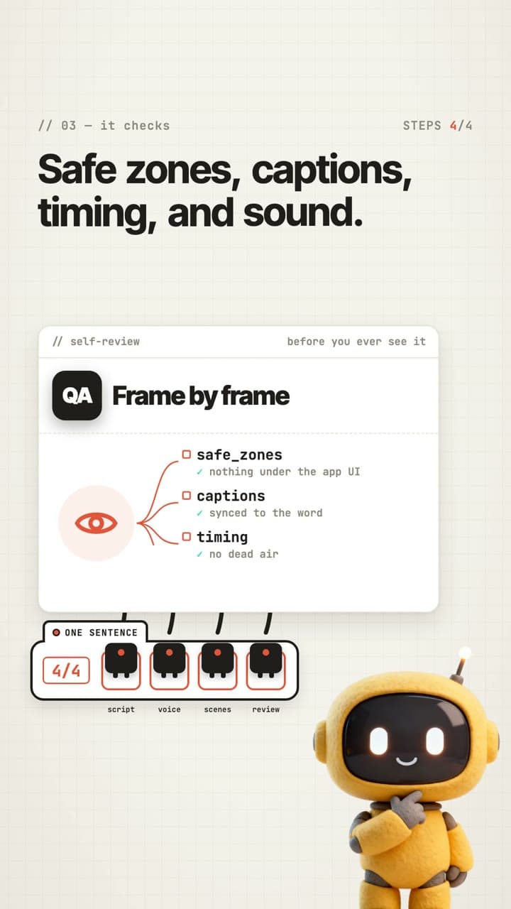 Frame from the demo reel: the self-review checking safe zones, captions, timing and sound