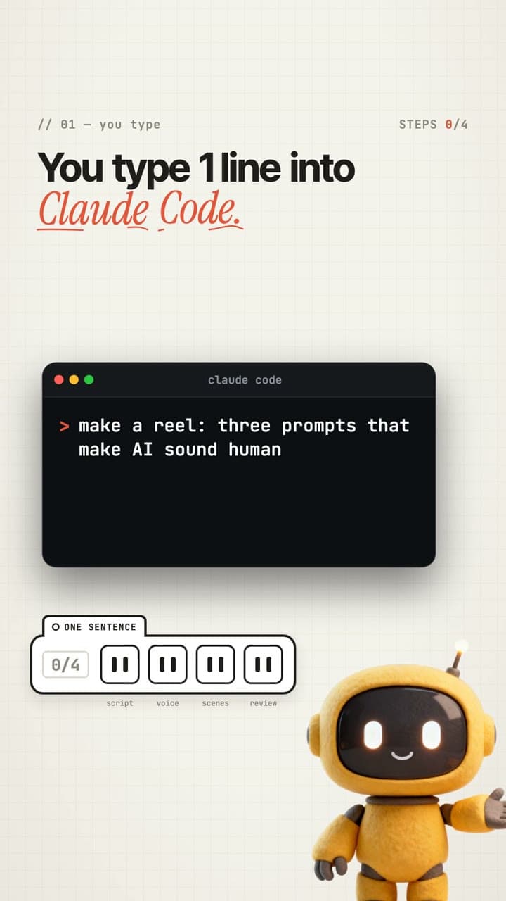 Frame from the demo reel: one line typed into Claude Code
